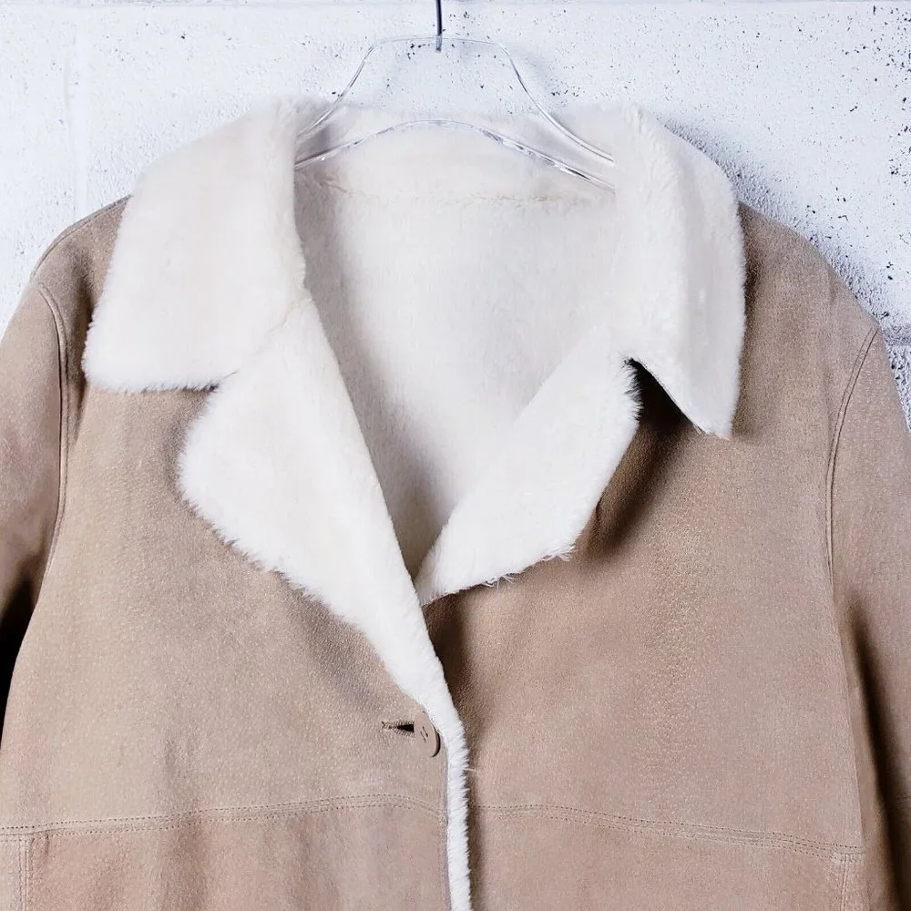 Sag Harbor Vintage Tan Suede Coat Womens Large Faux Fur Lined Oversized Mid-Leng